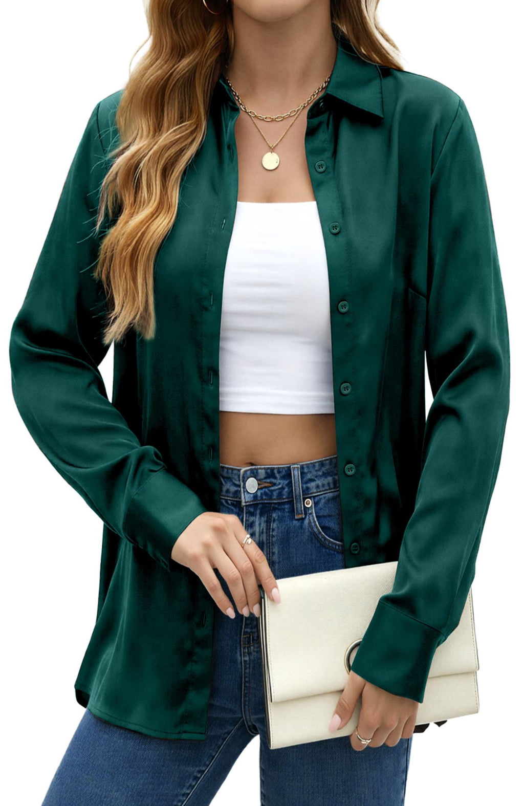 UVN Blouses for Women Long Sleeve Satin Shirts Button Down Ladies Casual Top
