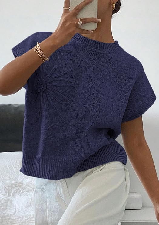 PRETTYGARDEN Women's Spring Sweater Vest Trendy Flower Knit Short Sleeve Cute Pullover Tank Tops Summer Fashion Clothing