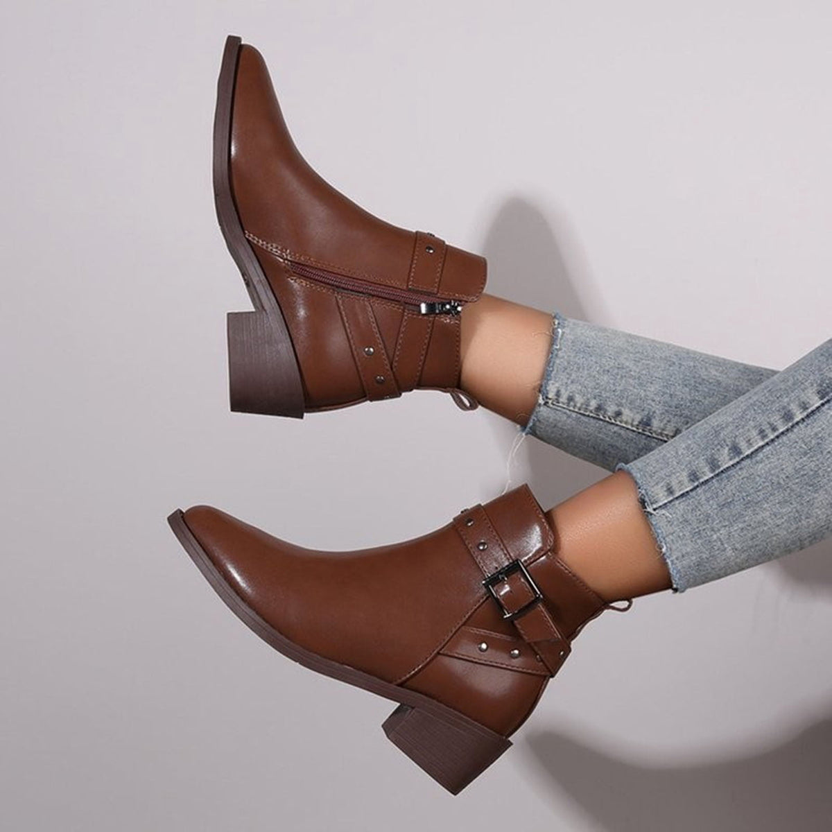 hopeusnice Women's Ankle Boots Buckle Low Heel Pointed Toe Faux Leather Short Boots Block Heel Zipper Comfortable Shoes Brown 39