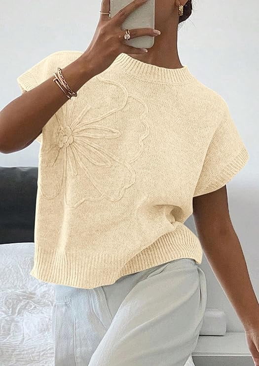 PRETTYGARDEN Women's Spring Sweater Vest Trendy Flower Knit Short Sleeve Cute Pullover Tank Tops Summer Fashion Clothing