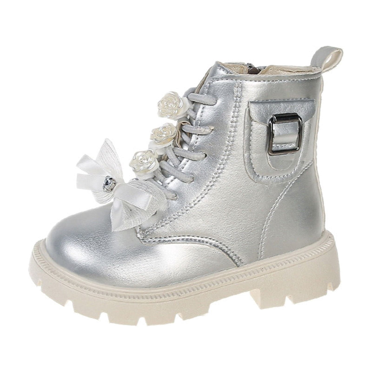 BXJX Girls Ankle Boots with Zipper, Bow Fall Winter Soft Sole Slip-Resistant Lace Up Boots Beige Size 13.5 Little Kids