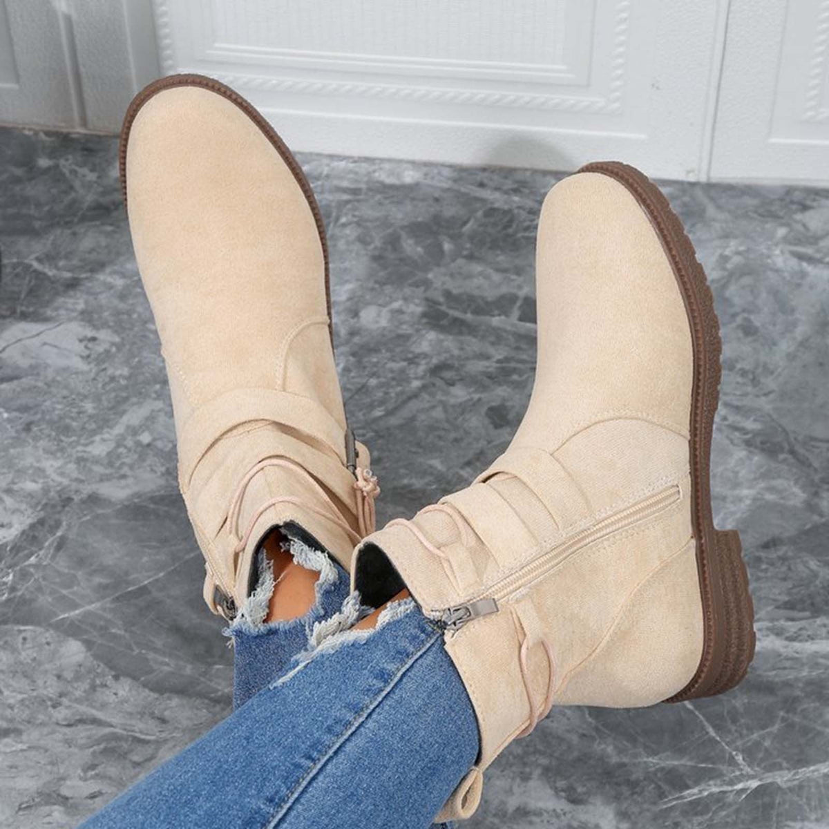 hopeusnice Women's Ankle Boots Suede Buckle Zipper Winter Booties Warm Flat Shoes Comfortable Low Heel Boots Beige 36