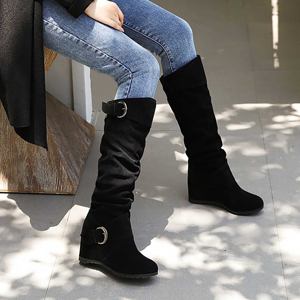 hopeusnice Women's Over The Knee Boots Suede Buckle Wedge Heel Winter Warm Boots Fashion Slouchy Boots Knee High Boots Brown 35