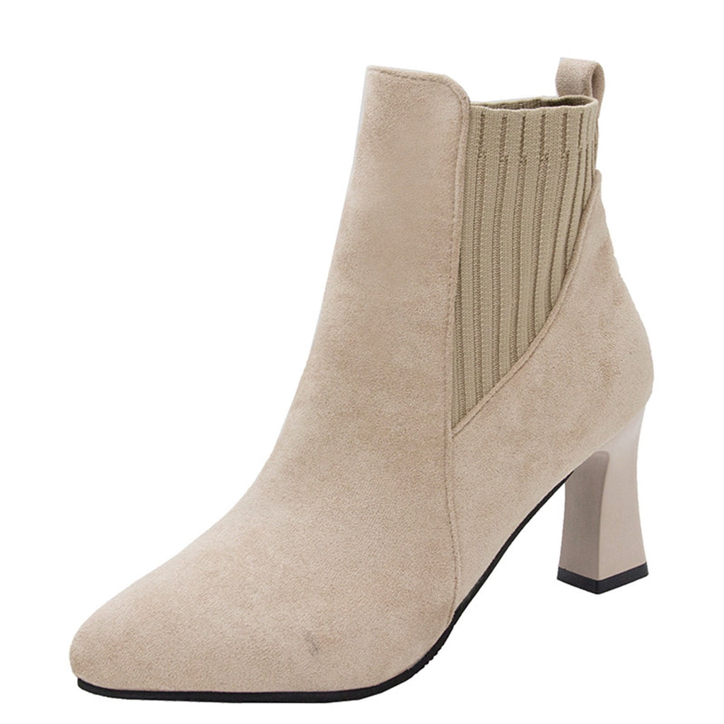 hopeusnice Women's Ankle Boots Pointed Toe Suede Block Heel Booties Elastic Side Zipper Comfortable Dress Boots Fall Winter Shoes Beige 39