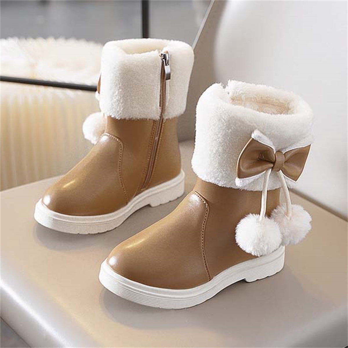 BXJX Girls Ankle Boots, Fleece Lined Warm Side Zipper Soft Sole Winter Shoots Khaki Size 11 Little Kids