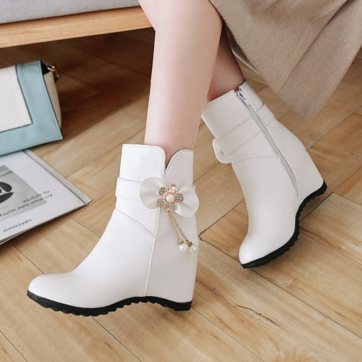 Women's Ankle Boots Wedge Heel Zipper Closure Bowknot Decor Faux Leather Booties Short Boots Comfortable Wedge Heel Shoes Pink 40