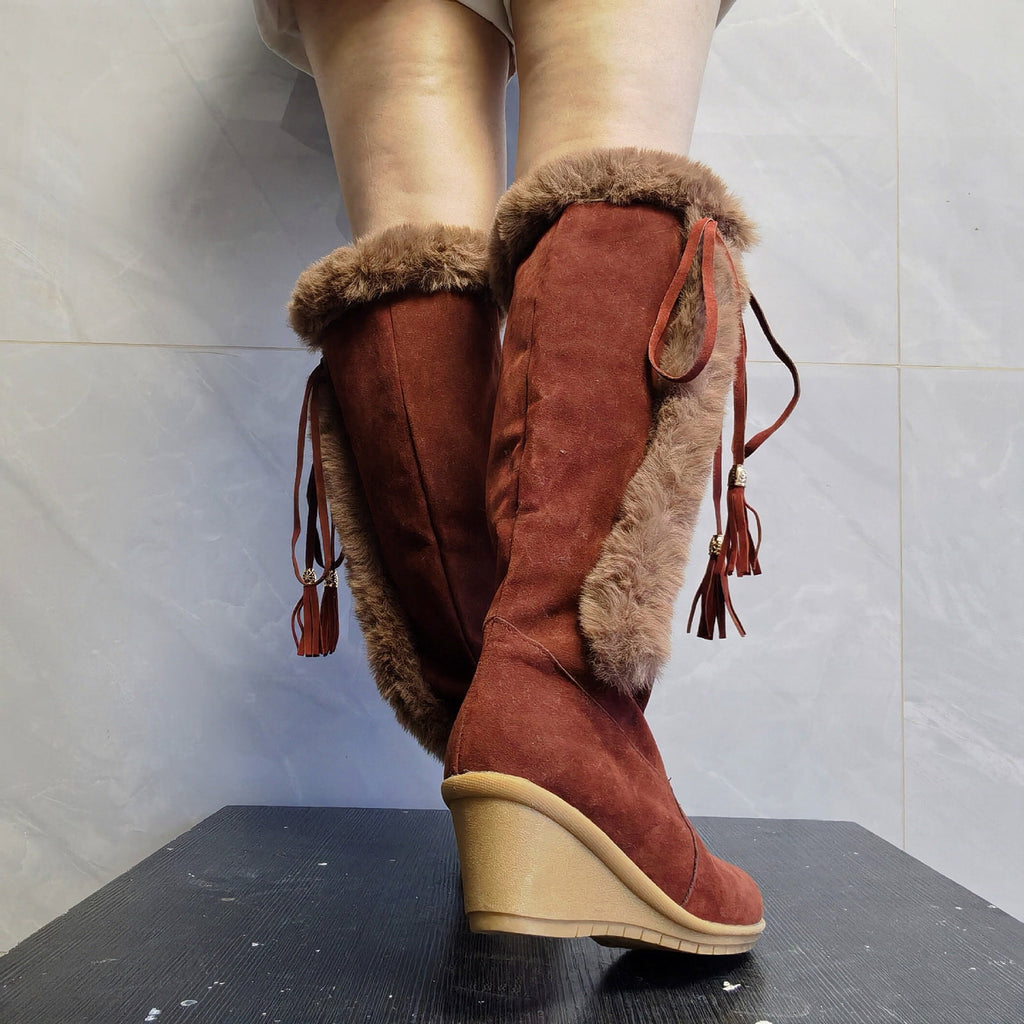Women's Winter Boots Fuzzy Fleece Lined Wedge Heel Knee High Booties Tassel Buckle Closure Warm Snow Boots Comfortable Fashion Footwear Black 35