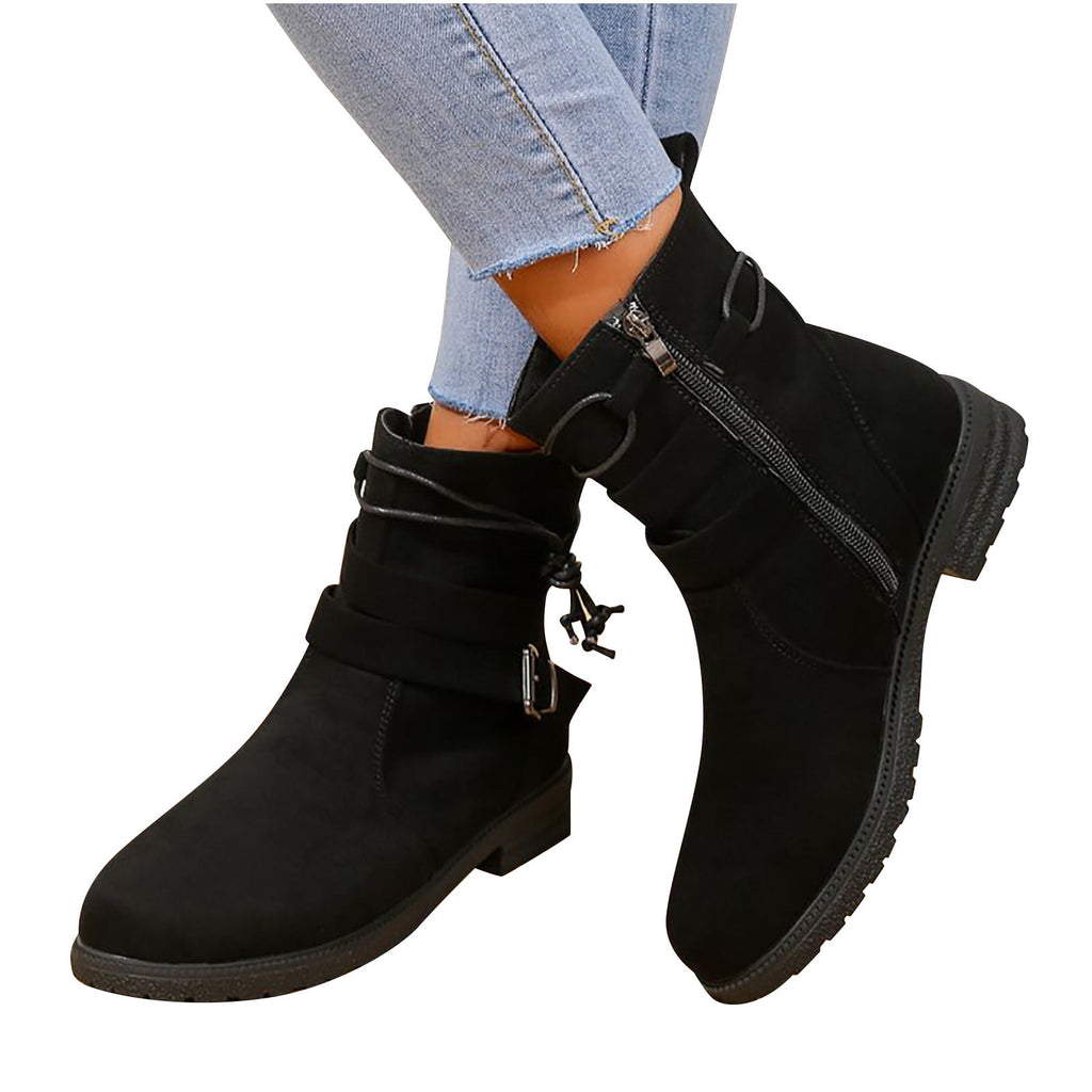 hopeusnice Women's Ankle Boots Suede Buckle Zipper Winter Booties Warm Flat Shoes Comfortable Low Heel Boots Beige 36