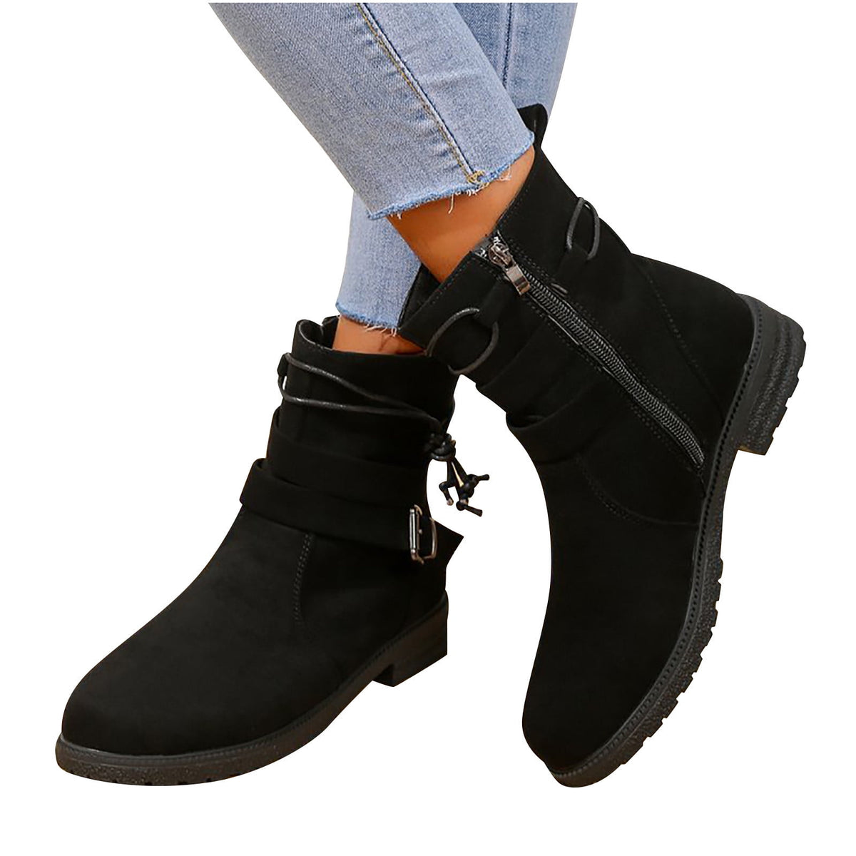 hopeusnice Women's Ankle Boots Suede Buckle Zipper Winter Booties Warm Flat Shoes Comfortable Low Heel Boots Beige 36