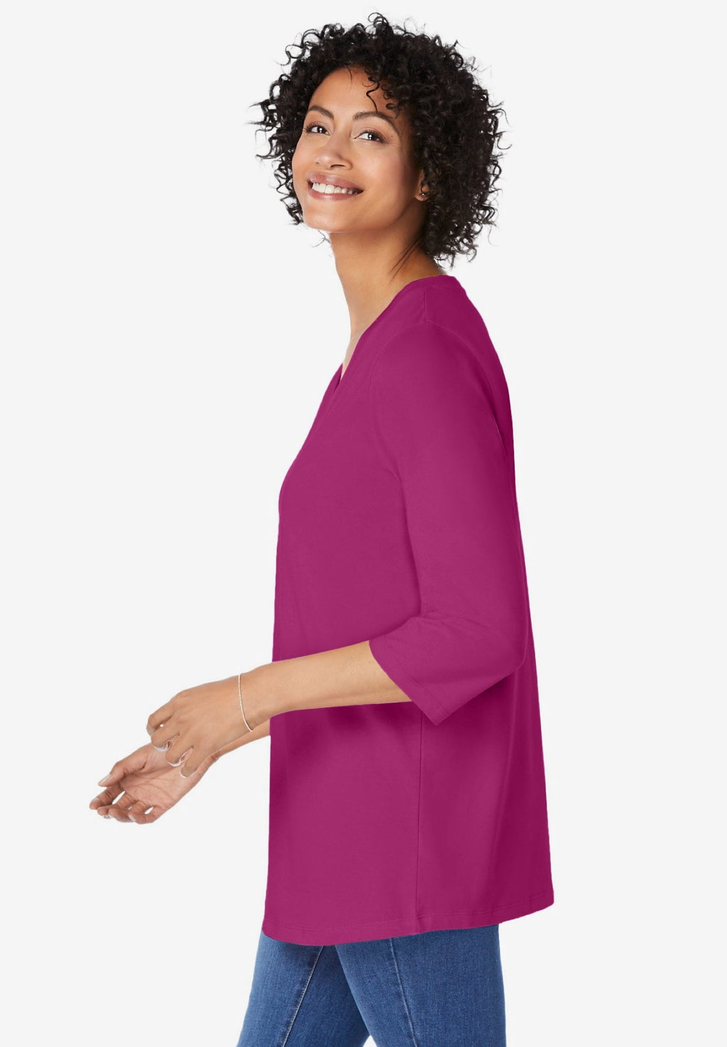Woman Within Plus Size Perfect Three-Quarter Sleeve V-Neck Tunic