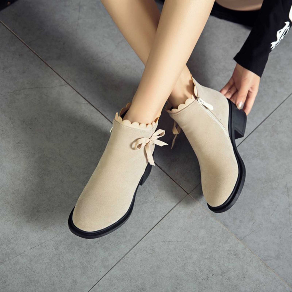 hopeusnice Women's Ankle Boots Suede Bowknot Block Heel Booties Round Toe Zipper Back Short Boots Winter Warm Comfortable Shoes Red 35