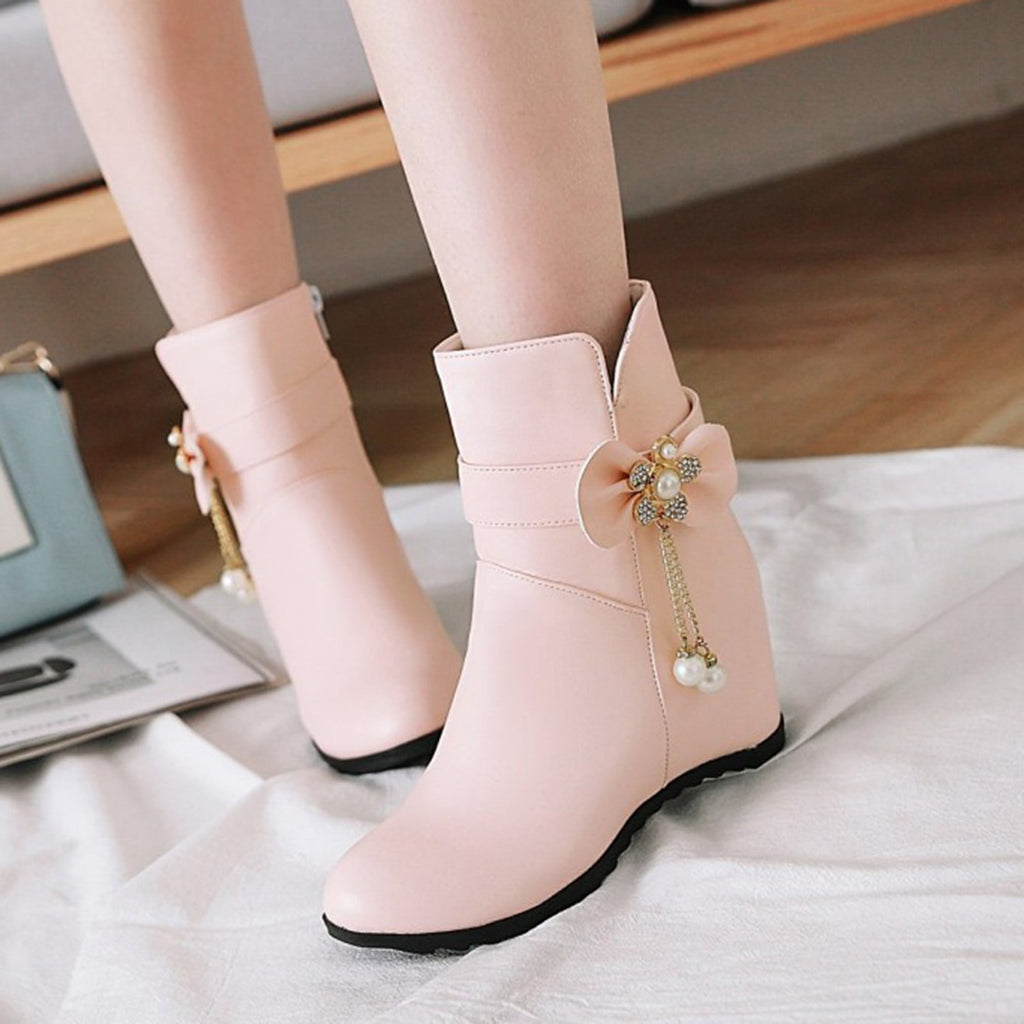 Women's Ankle Boots Wedge Heel Zipper Closure Bowknot Decor Faux Leather Booties Short Boots Comfortable Wedge Heel Shoes Pink 40