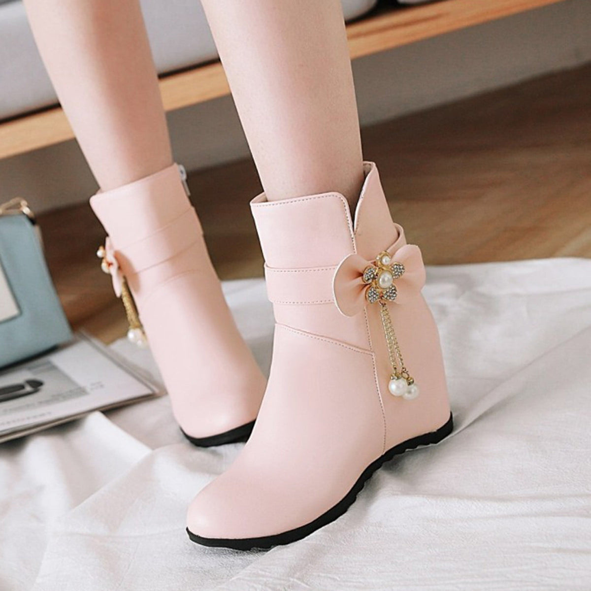 Women's Ankle Boots Wedge Heel Zipper Closure Bowknot Decor Faux Leather Booties Short Boots Comfortable Wedge Heel Shoes Pink 40