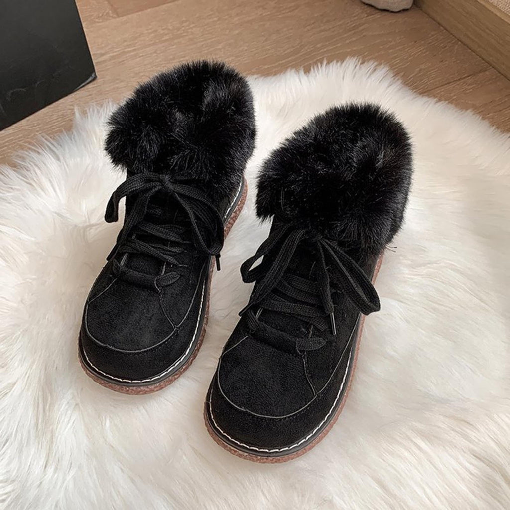 hopeusnice Women's Winter Snow Boots Fuzzy Fleece Lined Warm Ankle Booties Suede Shoes Lace Up Flats Comfortable Waterproof Shoes Black 38