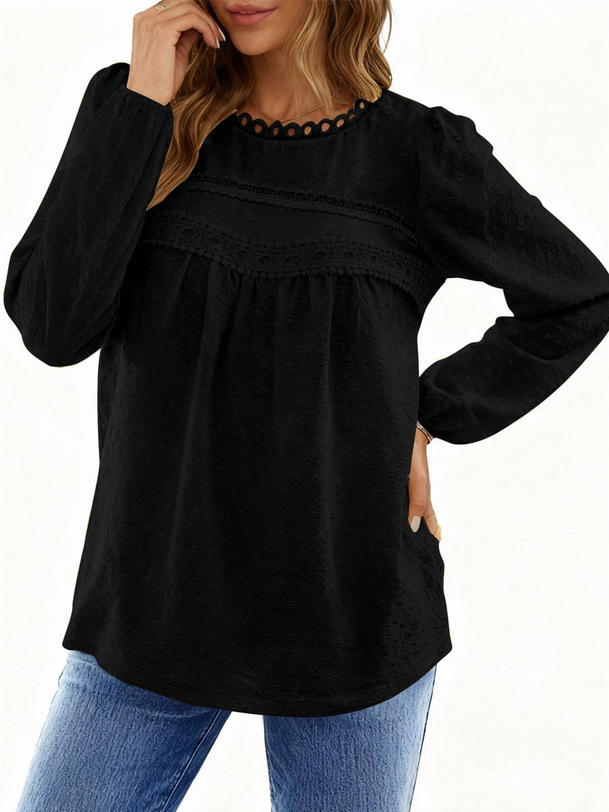 UVN Fall Shirts for Women Long Sleeve Blouses Ladies Crewneck Lace Crochet Tops Dressy Chiffon Blouses