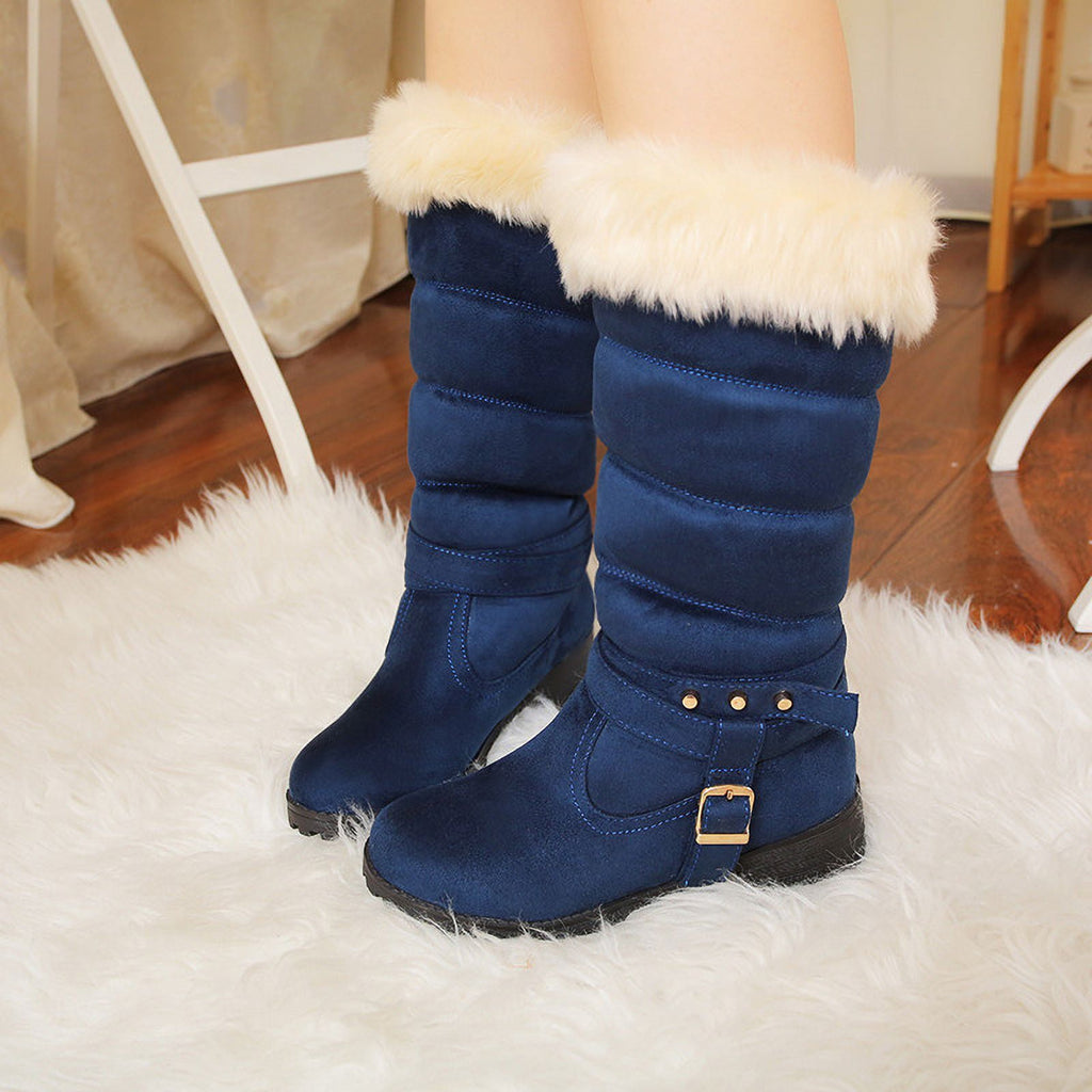 Mid Calf Boots For Women Thermal Plush Fleece Lined Suede Round Toe Chunky Mid Heels Winter Snow Boots Winter Warm Dress Long Tall Boots Blue 37