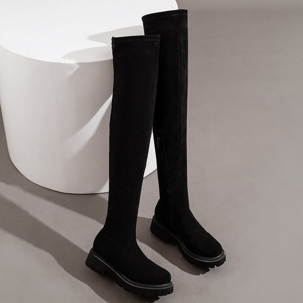 hopeusnice Women's Over The Knee Boots Suede Chunky Heel Winter Warm Boots Stretchy Sock Boots Block Heel Fashion Boots Mid Calf Boots Black 38