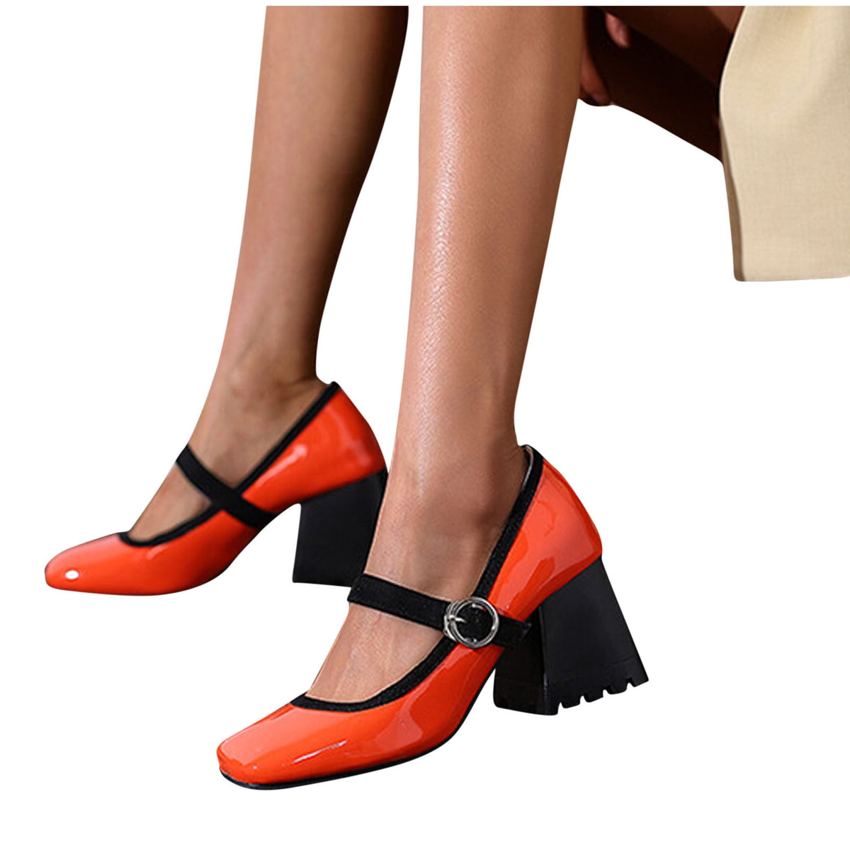 hopeusnice Women's Mary Jane Buckle Block Heel Pumps Square Toe Chunky Heel Dress Shoes Comfortable Formal Wedding Party Shoes Green 38