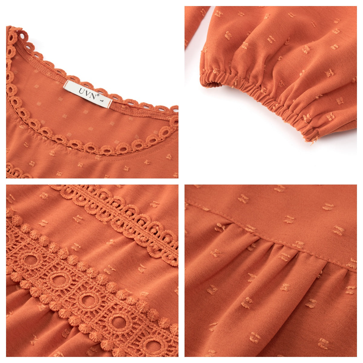 UVN Fall Shirts for Women Long Sleeve Blouses Ladies Crewneck Lace Crochet Tops Dressy Chiffon Blouses
