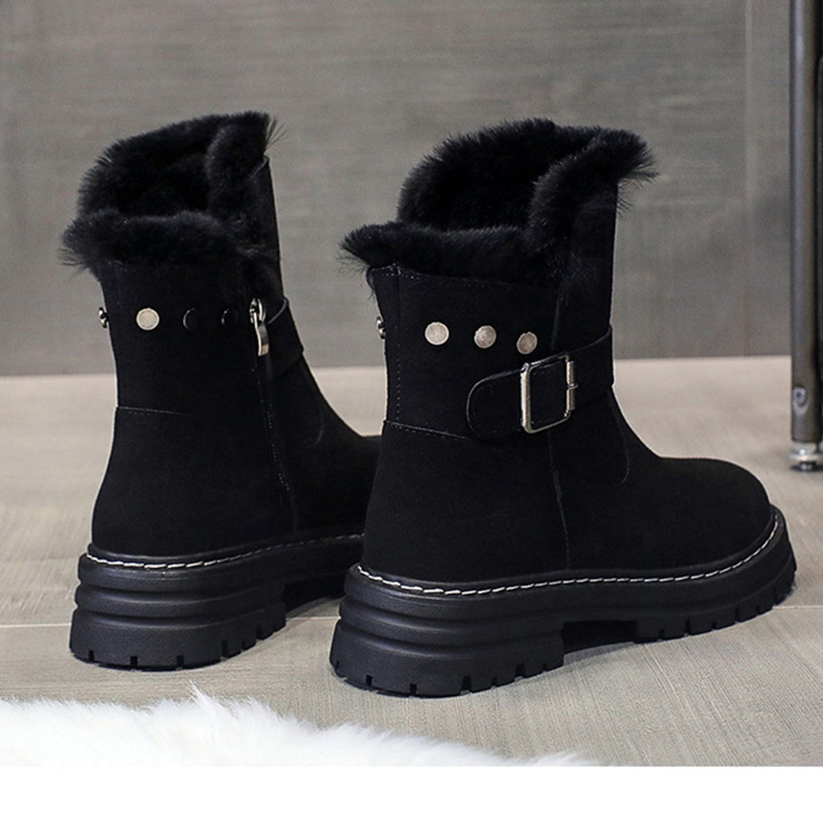 hopeusnice Women's Winter Boots Suede Buckle Ankle Booties Fuzzy Fleece Lined Warm Shoes Snow Boots Black 35