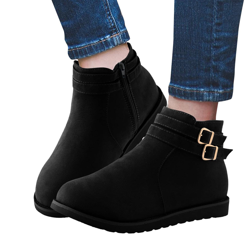 hopeusnice Women's Buckle Ankle Boots Suede Winter Warm Shoes Flat Heel Buckle Ankle Boots Comfortable Fashion Boots Black 36