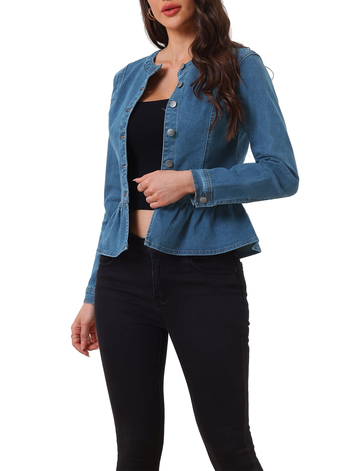 INSPIRE CHIC Women's Denim Jackets Button Down Peplum Hem Long Sleeves Cropped Jean Jackets White L