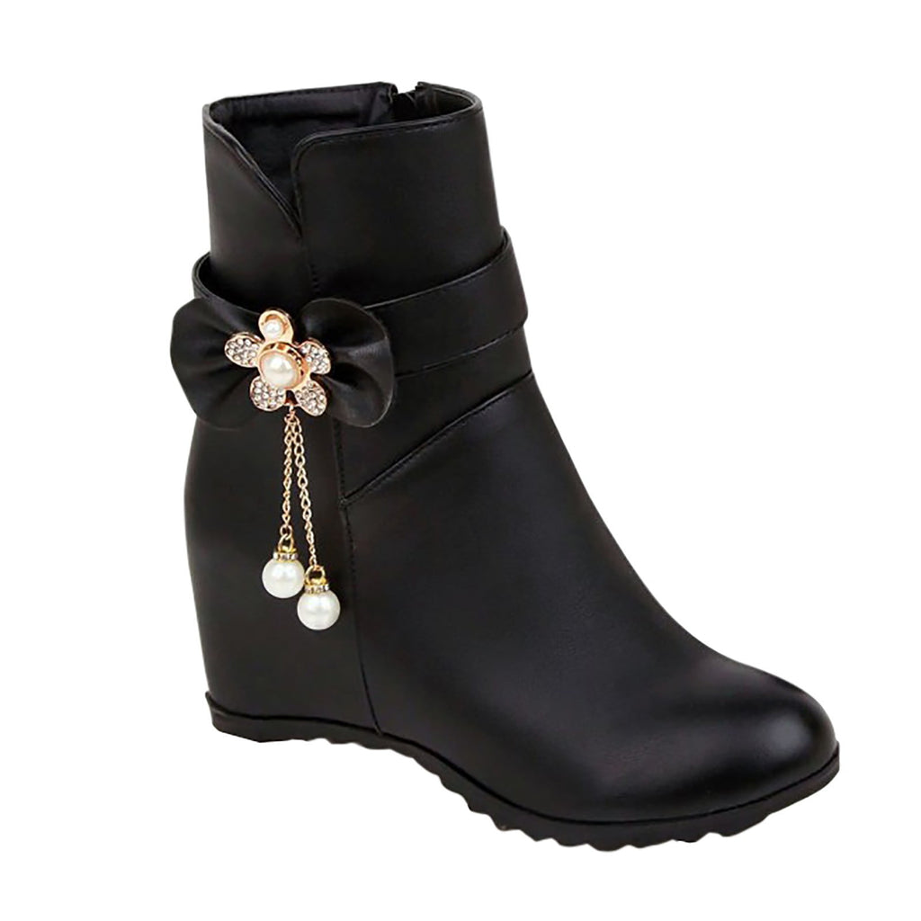 Women's Ankle Boots Wedge Heel Zipper Closure Bowknot Decor Faux Leather Booties Short Boots Comfortable Wedge Heel Shoes Pink 40