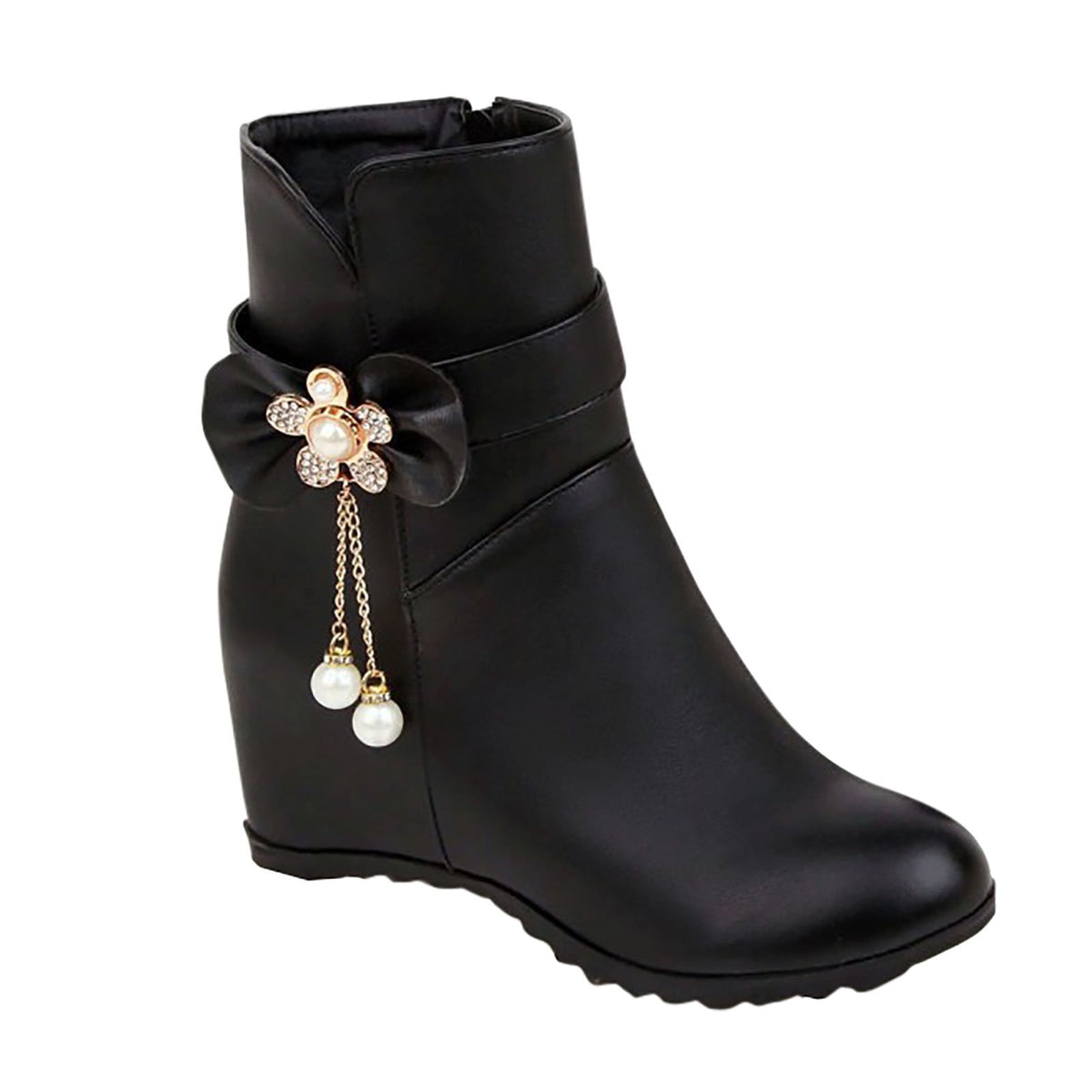 Women's Ankle Boots Wedge Heel Zipper Closure Bowknot Decor Faux Leather Booties Short Boots Comfortable Wedge Heel Shoes Pink 40