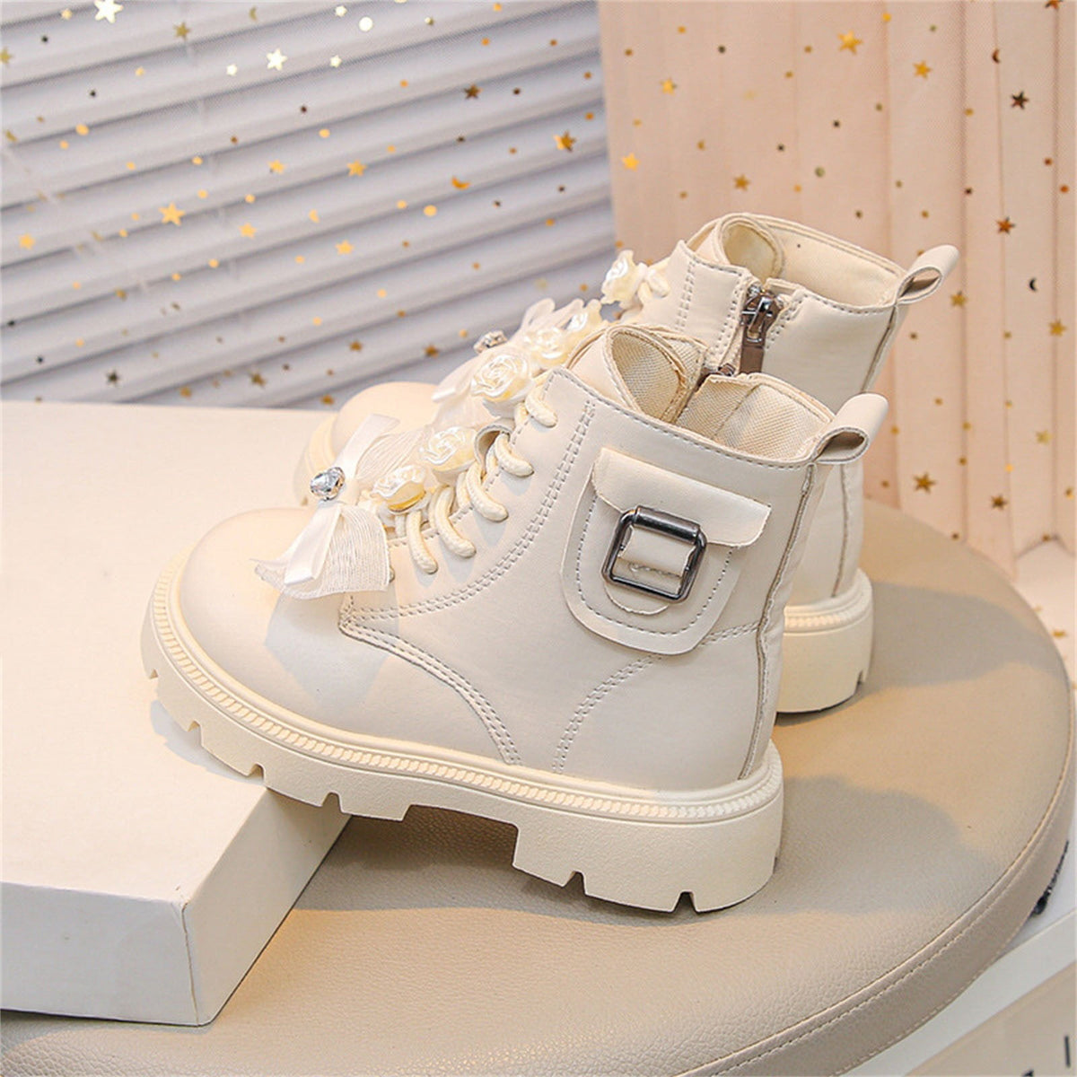 BXJX Girls Ankle Boots with Zipper, Bow Fall Winter Soft Sole Slip-Resistant Lace Up Boots Beige Size 13.5 Little Kids
