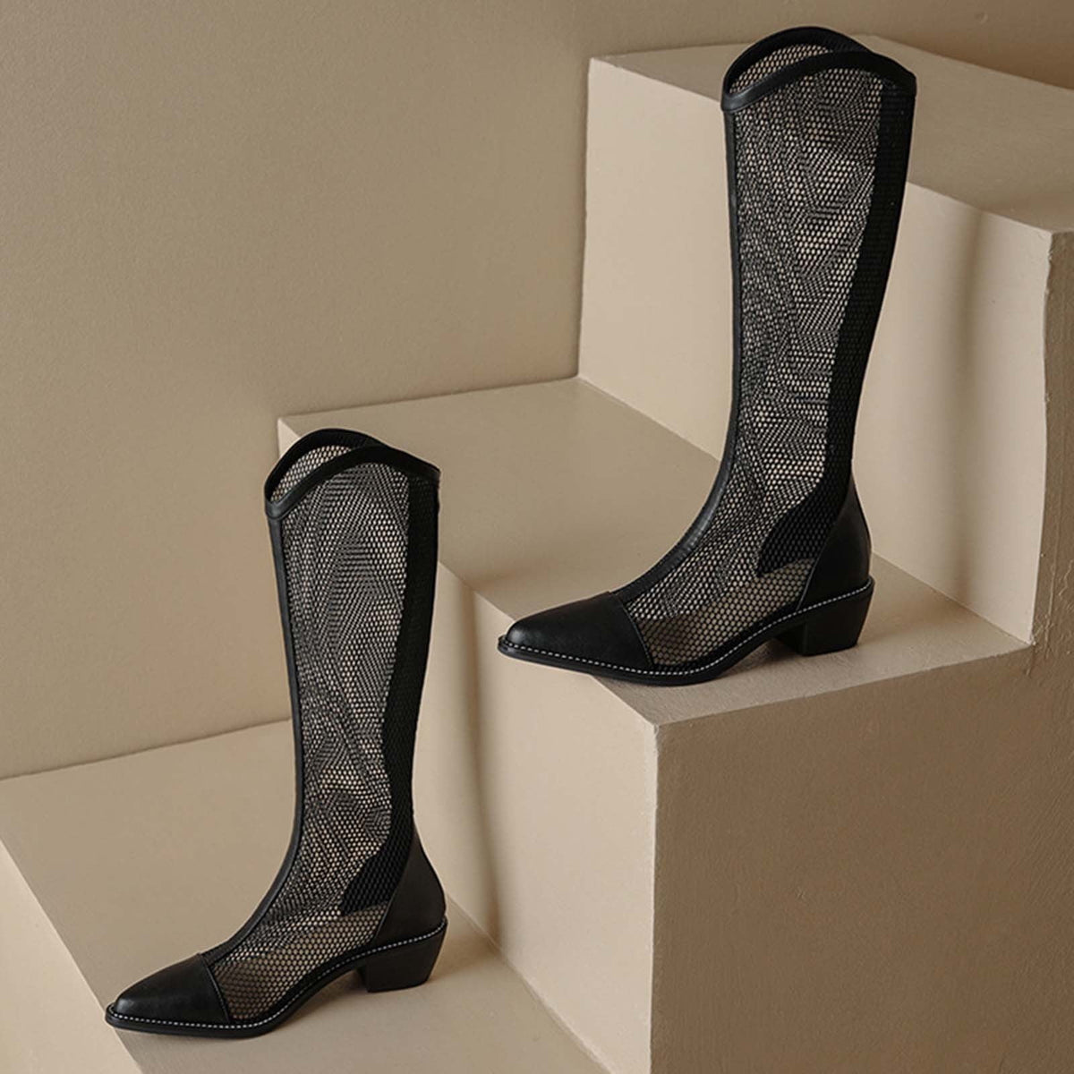 hopeusnice Women's Mesh Boots Comfortable Breathable Knee High Booties Pointed Toe Low Heel Open Toe Chunky Heel Boots Black 40