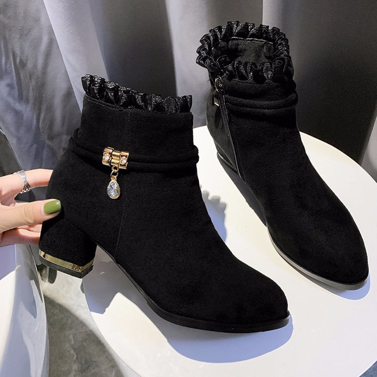 hopeusnice Women's Ankle Boots Chunky Block Low Heel Vintage Tie Knot Booties Shoes with Side Zipper Fashion Comfortable Fall Winter Shoes Black 37