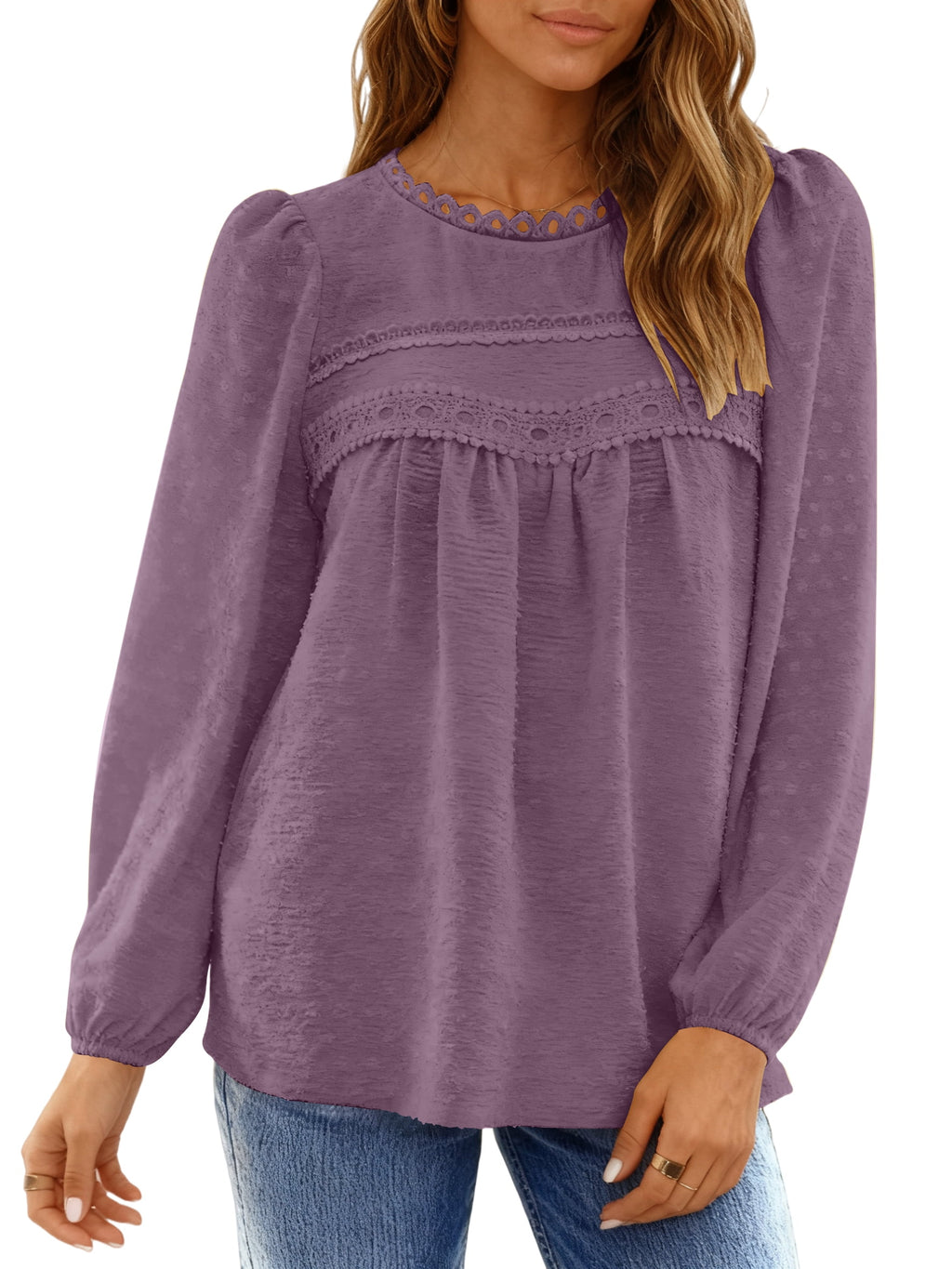 UVN Fall Shirts for Women Long Sleeve Blouses Ladies Crewneck Lace Crochet Tops Dressy Chiffon Blouses