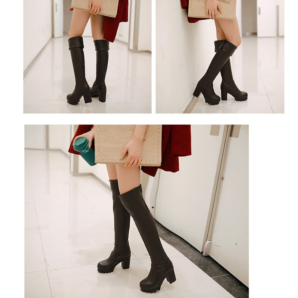 hopeusnice Women's Over The Knee Boots Chunky Heel Boots Faux Leather Thigh High Boots Winter Boots White 36