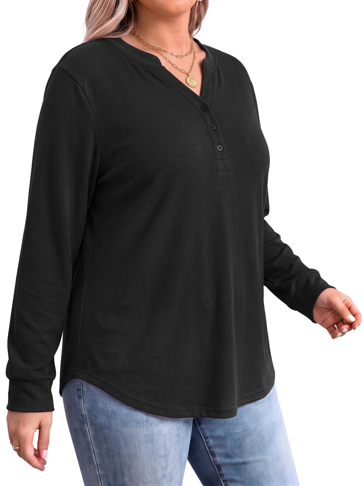 WellSize Plus Size Blouses for Women Henley V Neck Tops Casual Long Sleeve Button Shirts Fall Pullover Outfit