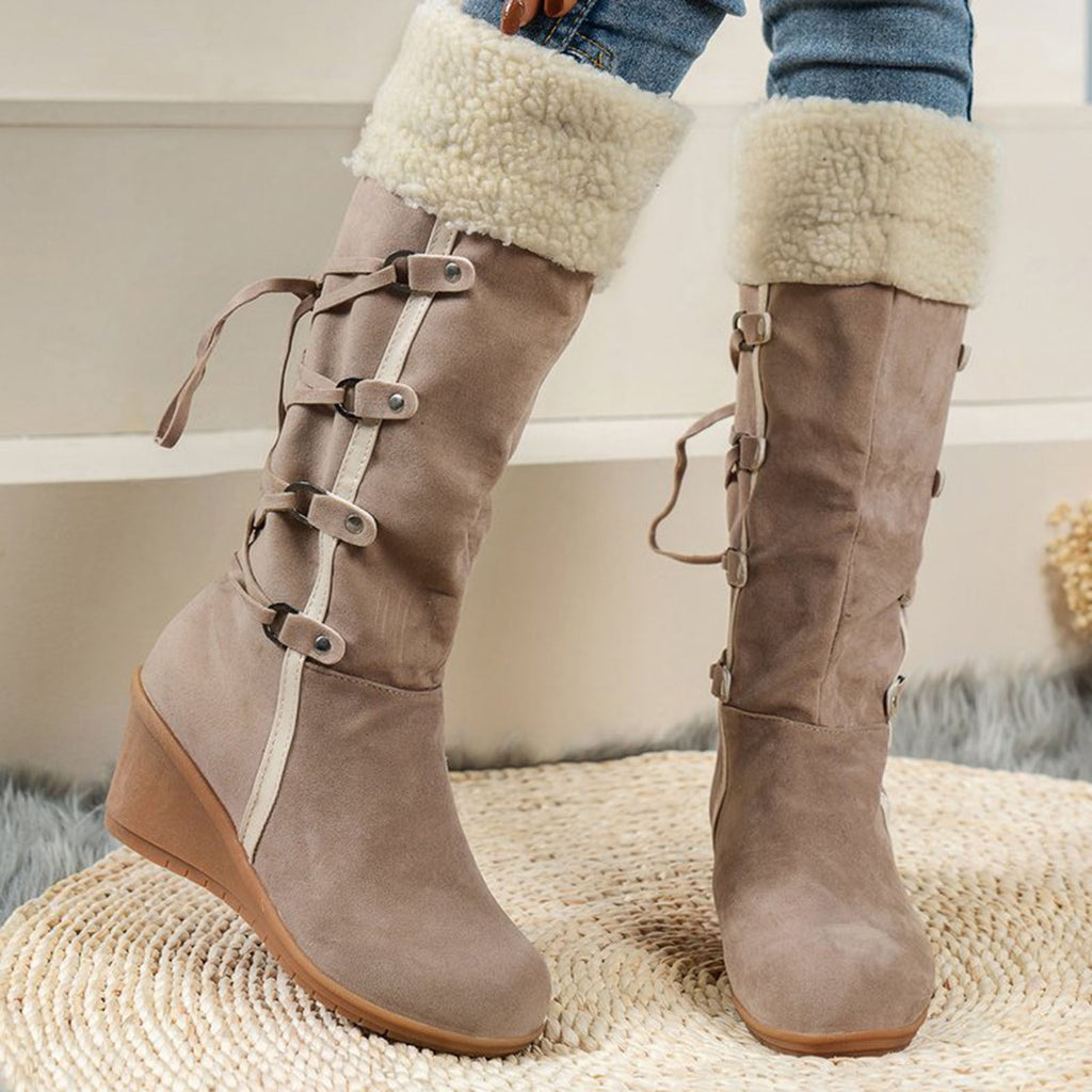 Women's Fashion Suede Wedge Boots Winter Warm Knee High Boots Buckle Tassel Side Zipper Booties Brown 35