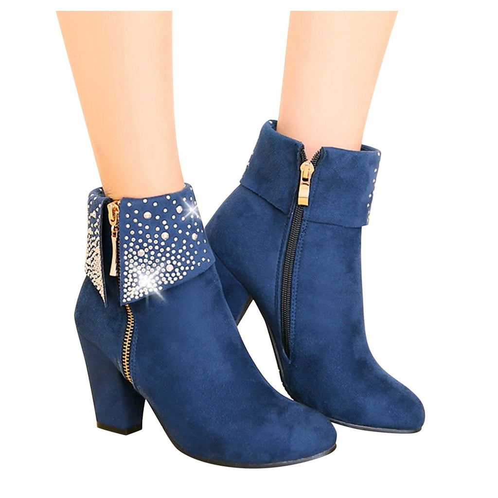 hopeusnice Women's Rhinestone Ankle Boots Zipper Suede Block Heel Booties Comfortable Dressy Winter Warm Shoes Black 36