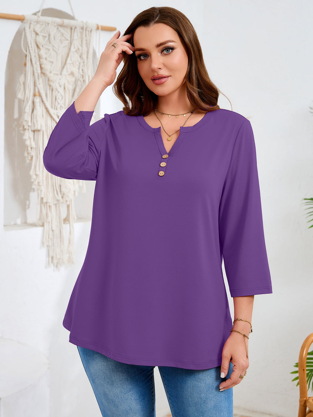 SHOWMALL Plus Size Tops for Women, 3/4 Sleeve Button V Neck Casual Tunic Blouse, Green, Size 4X