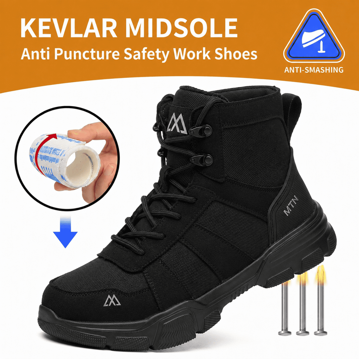 XQJ Men's Steel Toe Work Boots, Comfortable Lightweight Industrial Construction Shoes, Durable High Top Safety Boots - Black - Size 6