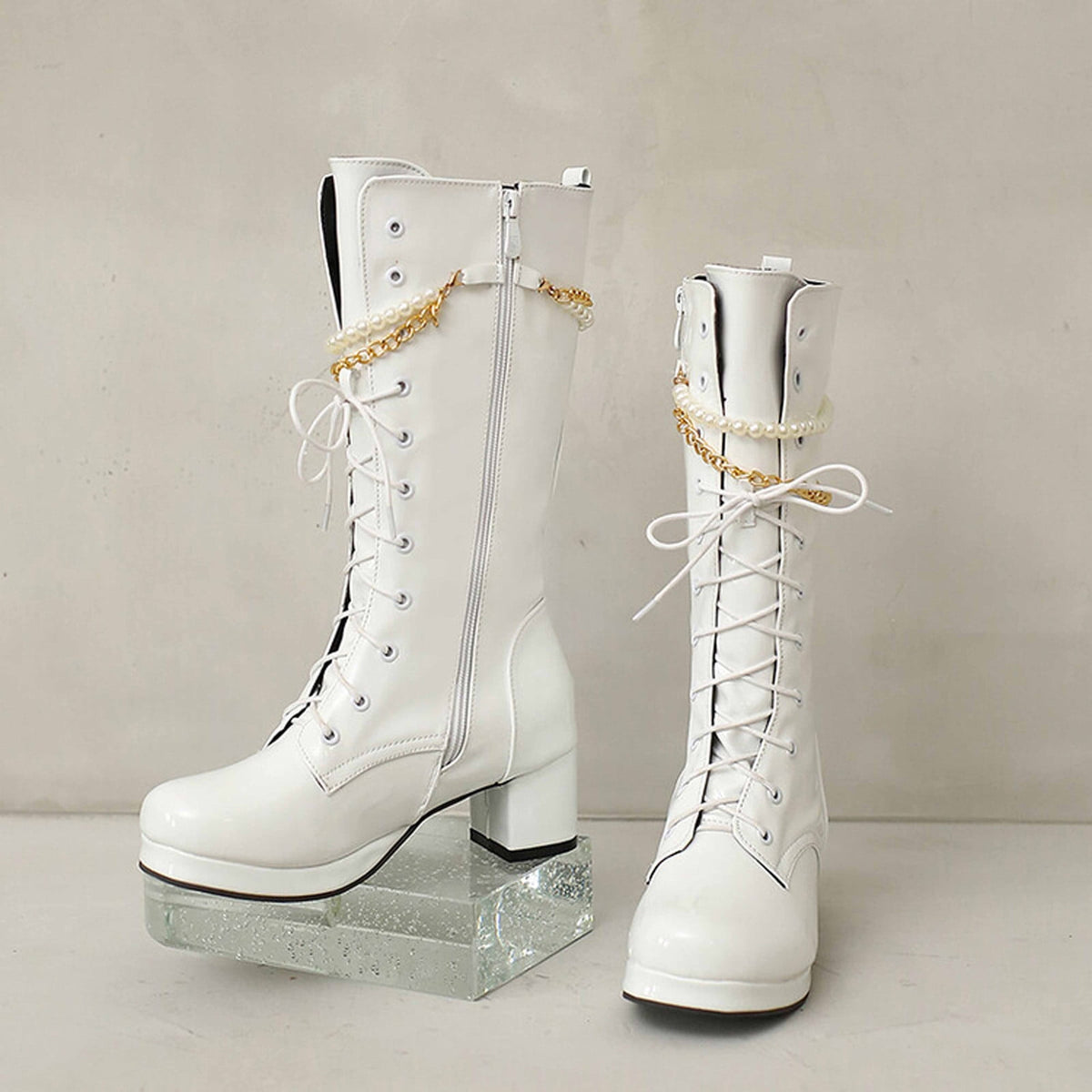 hopeusnice Knee High Boots for Women Mid Calf Boots Chunky Block Heels Buckle Lace Up Boots Stylish Fall Winter Shoes Orange 36