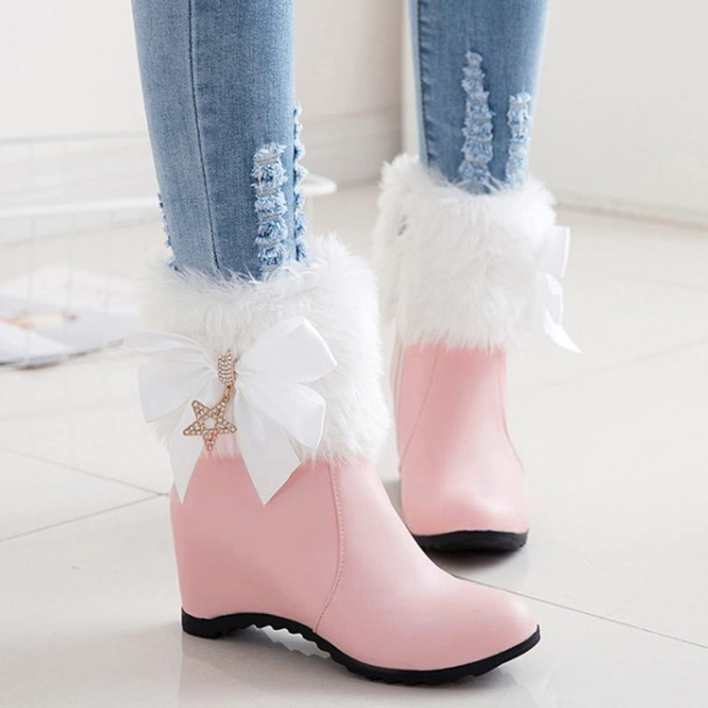 Women Winter Warm Hidden Wedge Snow Booties Leather Cute Bowknot Rhinestones Fuzzy Fleece Lined Thickening Side Zipper Ankle Boots White 39