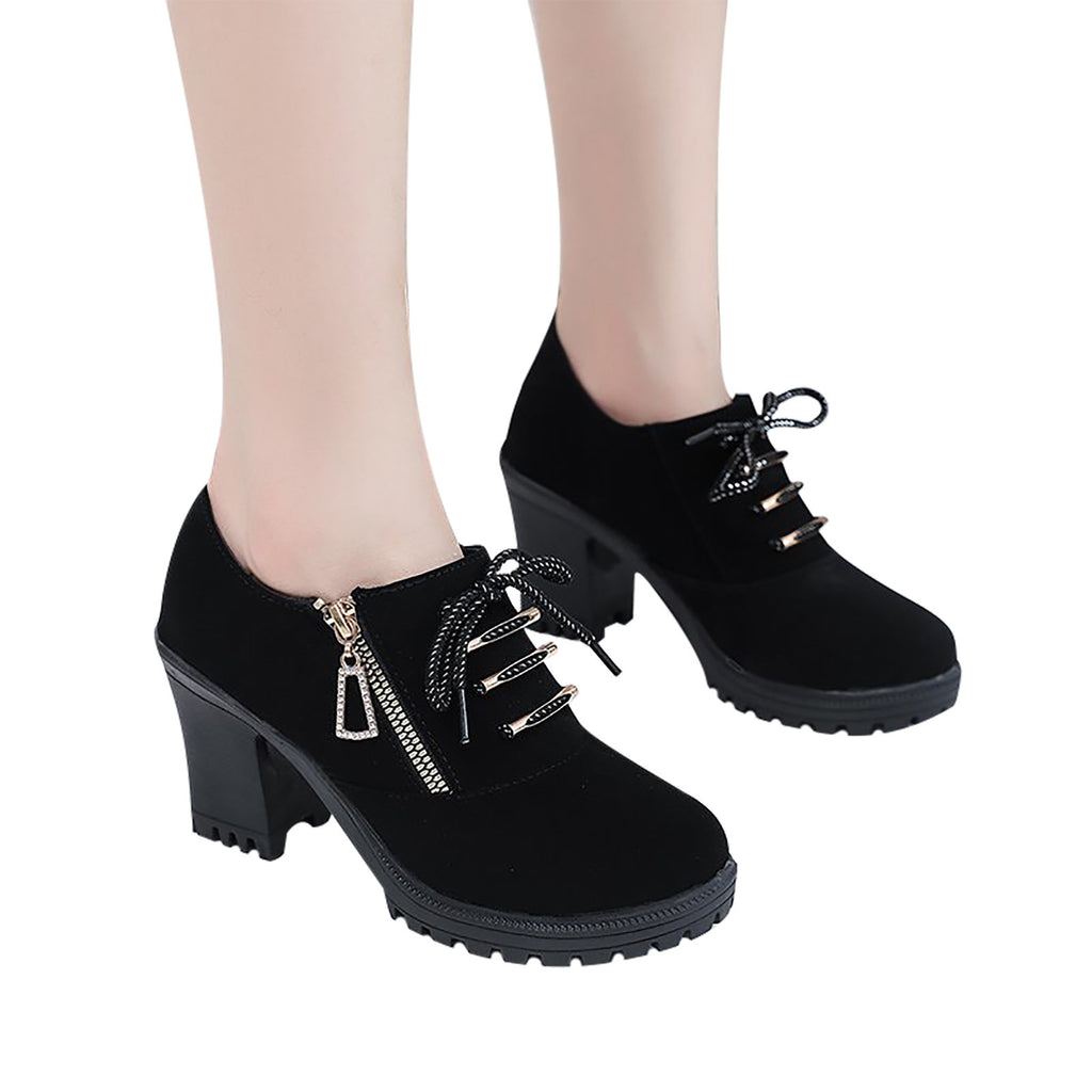 hopeusnice Women's Ankle Boots Lace Up Buckle Zipper Chunky Heel Shoes Comfortable Suede Round Toe Block Heel Fall Winter Boots Outdoor Black 37