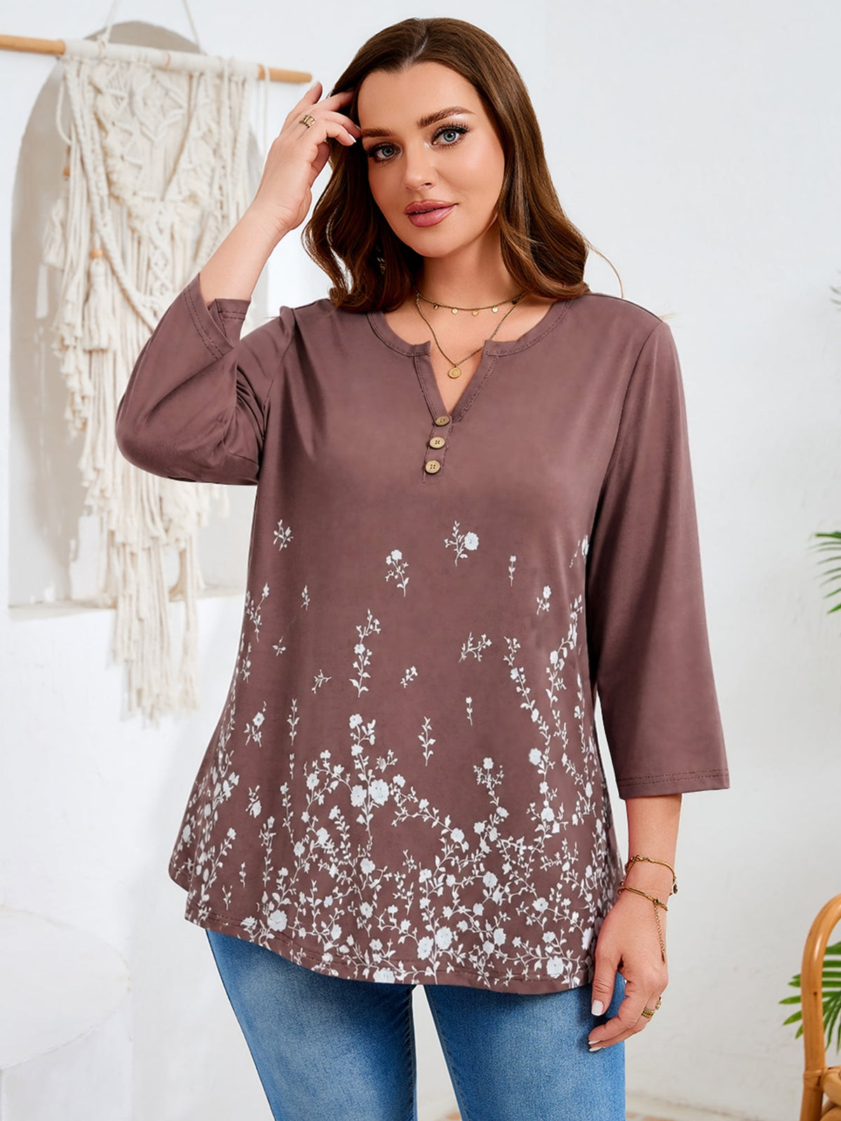 SHOWMALL Plus Size Tops for Women, 3/4 Sleeve Button V Neck Casual Tunic Blouse, Green, Size 4X