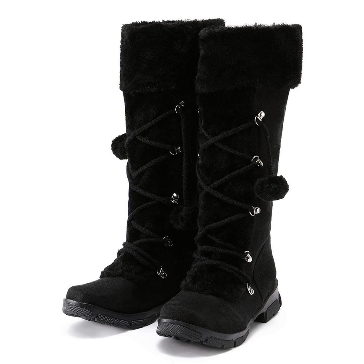 hopeusnice Women's Winter Boots Fuzzy Fleece Lined Knee High Snow Boots Warm Plush Lace Up Outdoor Ankle Boots Beige 36