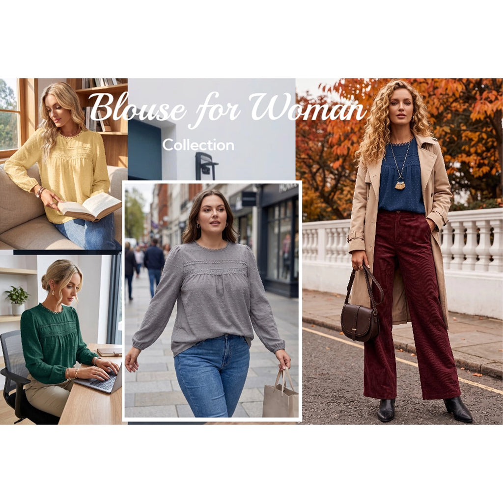 UVN Fall Shirts for Women Long Sleeve Blouses Ladies Crewneck Lace Crochet Tops Dressy Chiffon Blouses