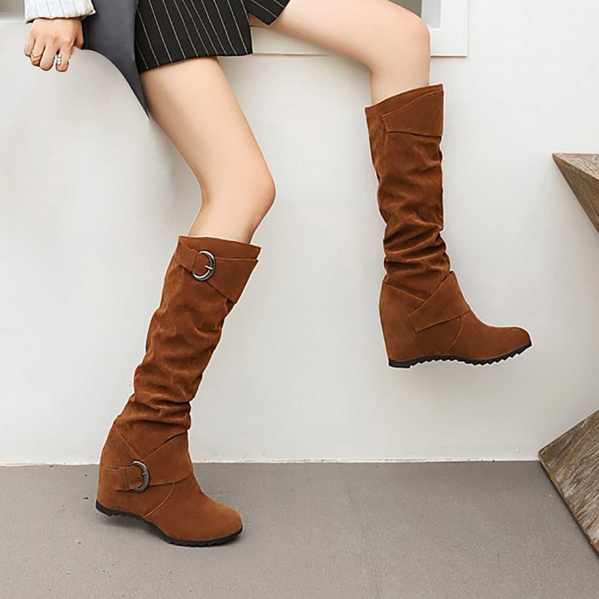 hopeusnice Women's Over The Knee Boots Suede Buckle Wedge Heel Winter Warm Boots Fashion Slouchy Boots Knee High Boots Brown 35