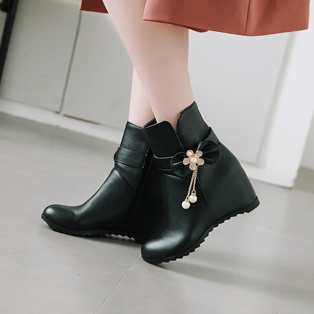Women's Ankle Boots Wedge Heel Zipper Closure Bowknot Decor Faux Leather Booties Short Boots Comfortable Wedge Heel Shoes Pink 40