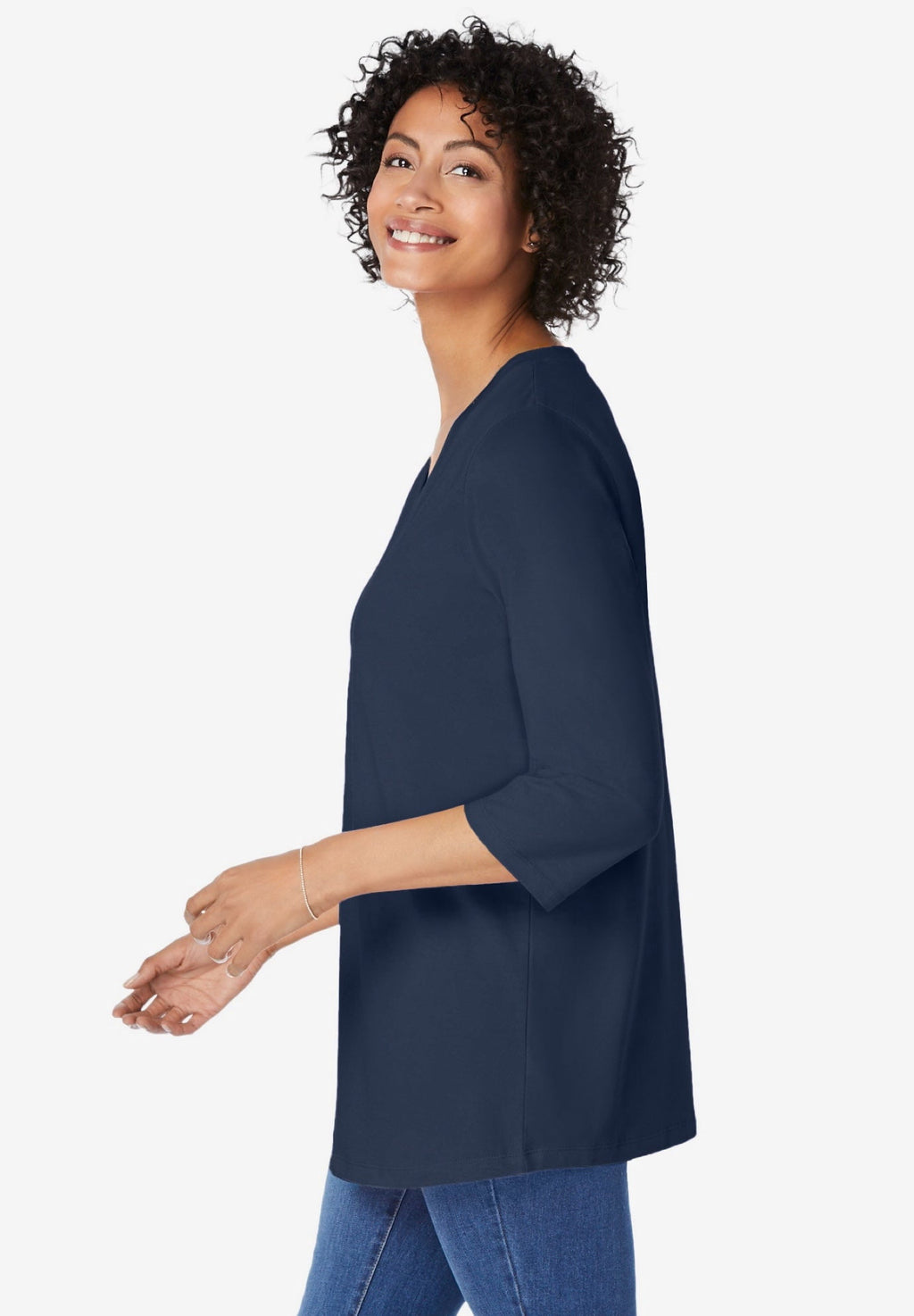 Woman Within Plus Size Perfect Three-Quarter Sleeve V-Neck Tunic