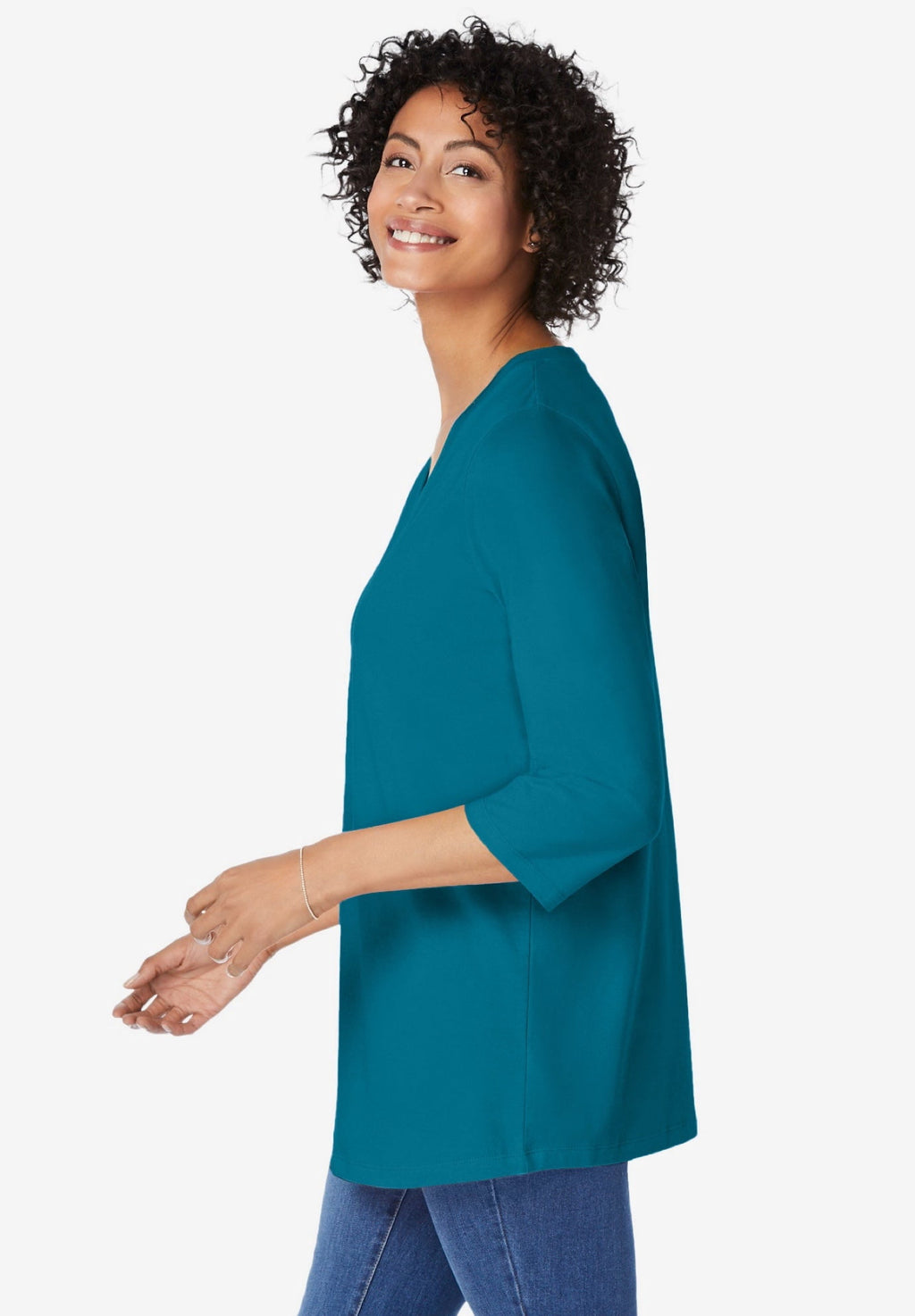 Woman Within Plus Size Perfect Three-Quarter Sleeve V-Neck Tunic