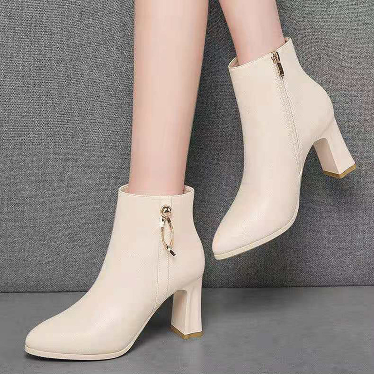 hopeusnice Women's Ankle Boots Pointed Toe Zipper Block Heel Booties Comfortable Leather Shoes Fall Winter Dressy Shoes Black 38