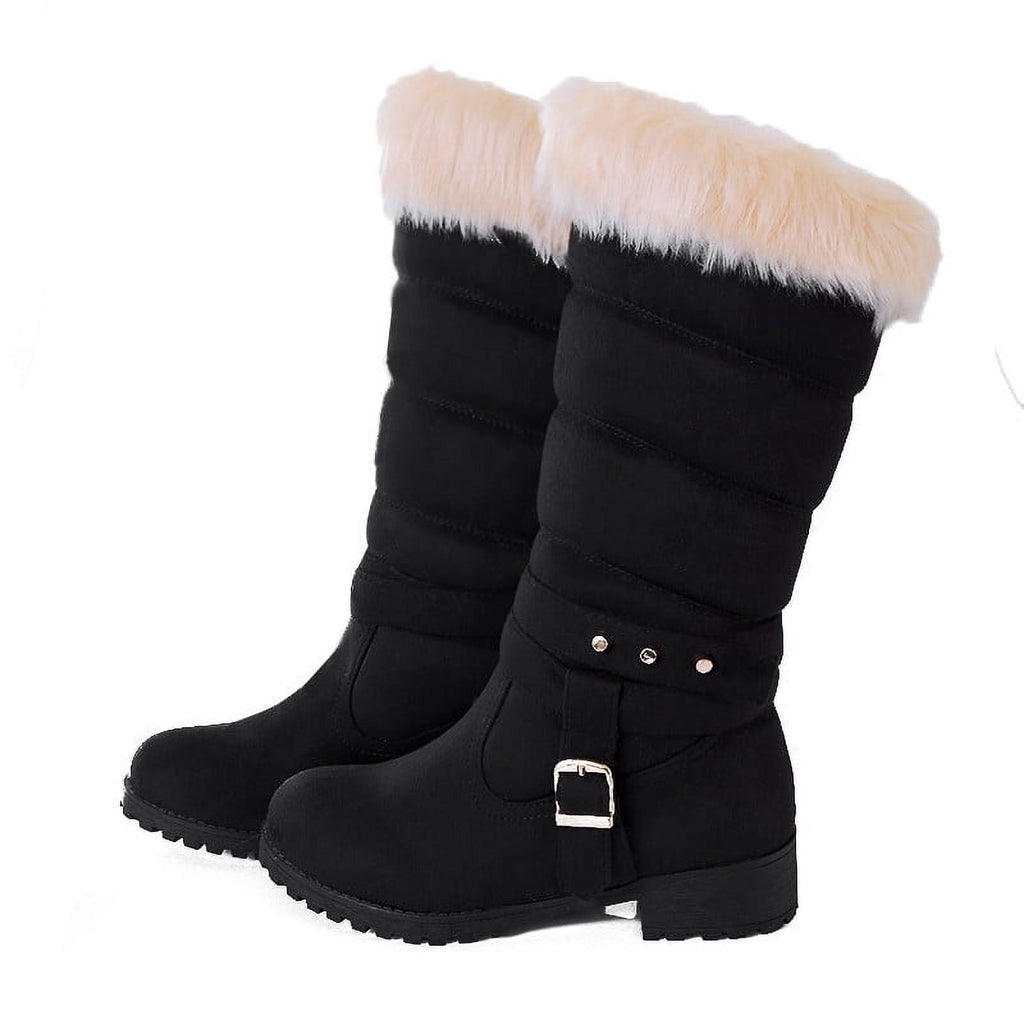 Mid Calf Boots For Women Thermal Plush Fleece Lined Suede Round Toe Chunky Mid Heels Winter Snow Boots Winter Warm Dress Long Tall Boots Blue 37
